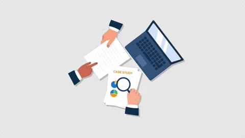 Business Professionals Analyzing Case Study with Laptop and Magnifying Glass Stock Footage 337519805