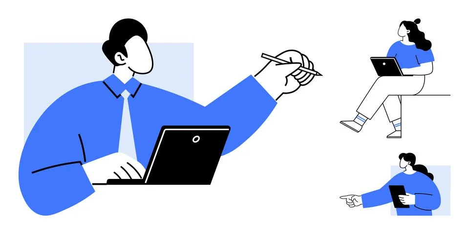 Business professionals collaborating remotely using laptops and tablets イラスト素材