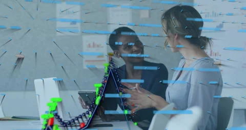 Business professionals discussing data with DNA strand and coding animation Stock Footage 303947948
