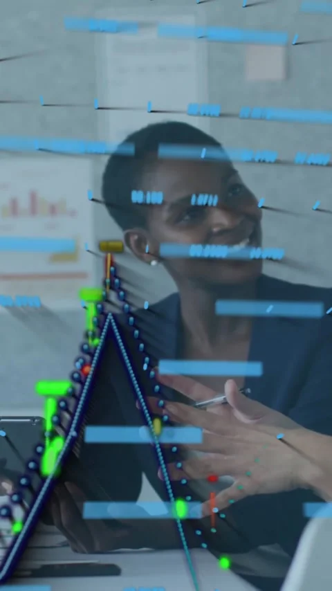 Business professionals discussing data with DNA strand and coding animation Stock Footage 344370323