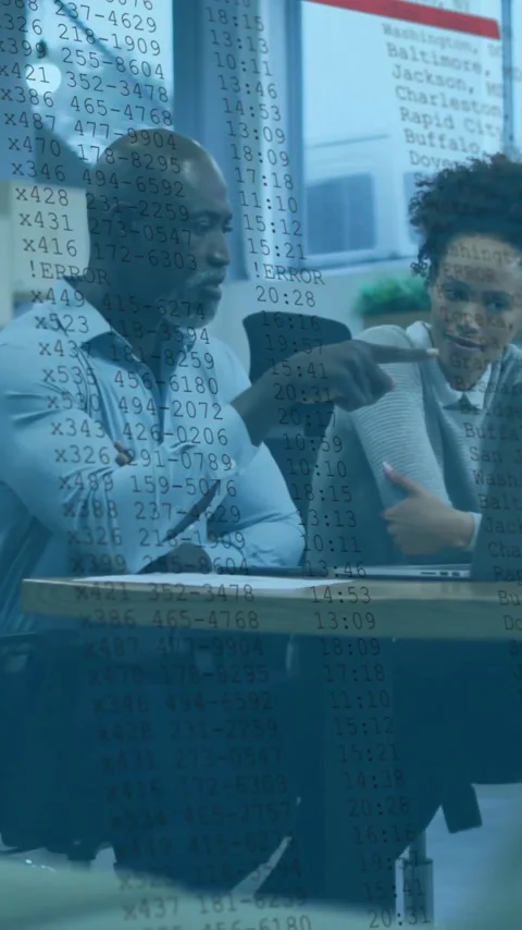 Business professionals discussing data over financial analysis animation in Stock Footage 342015658