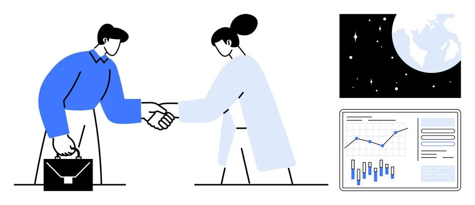 Business professionals shaking hands with data charts and globe suggesting .. Stockillustratie