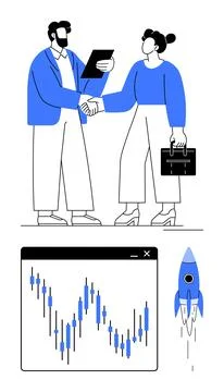 Business professionals shaking hands, graph and rocket ship symbolizing Stock Illustration