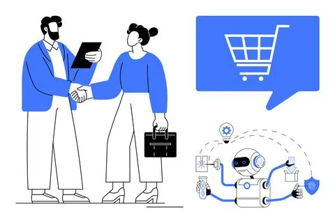 Business professionals shaking hands while holding a tablet and briefcase. Ro Stock Illustration