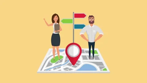 Business professionals standing on map with navigation markers and arrow si.. 库存影片 339114609