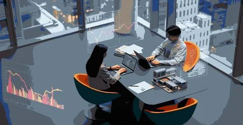 Business professionals working with data visualization in a modern office Illustrazione stock