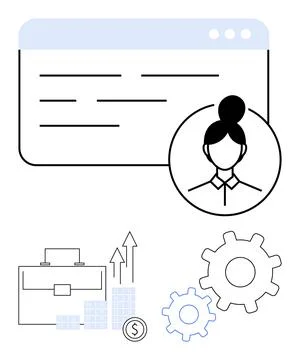 Business profile interface with gears, bar chart, briefcase, and rising graph Stockillustratie