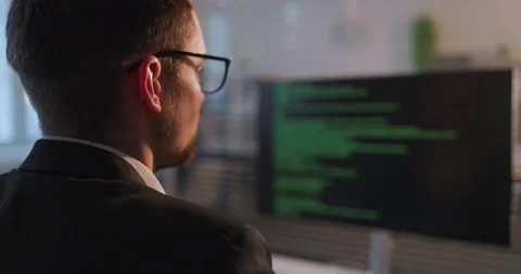 Business programmer analyzing source code on computer monitor in modern office Stock-Footage 330820506