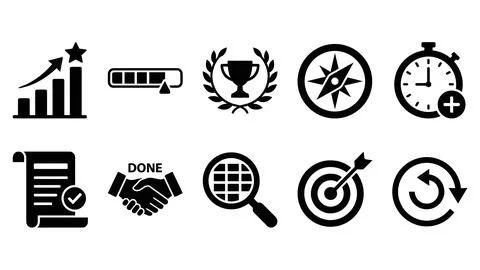 Business progress and success gamification icon set in solid black style. Stock Illustration