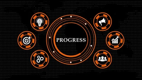 Business progress concept animation with orange icons and tech circle. 動画素材 337641272