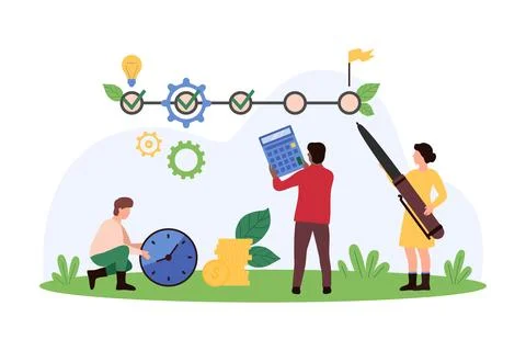 Business project change, task management with timeline tracker chart of tiny Stock Illustration