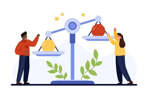 Business project choice, tiny people compare balls of different colors on scales Stock Illustration