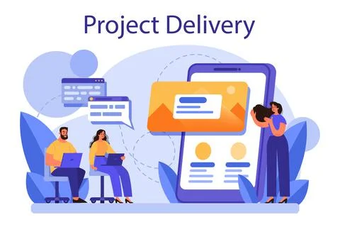 Business project delivery concept. Project development and presentation Stock Illustration