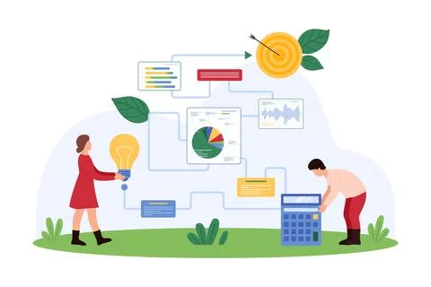 Business project development, tiny people with light bulb and calculator work on Stockillustratie