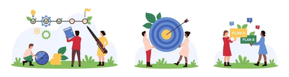 Business project development by tiny people, goal reaching, choice between plan Stock Illustration