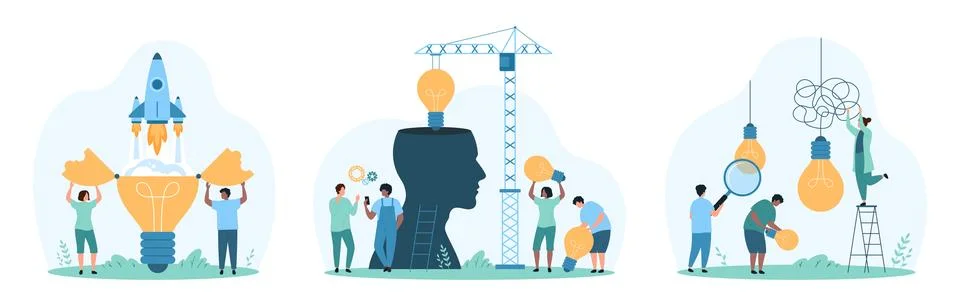 Business project launch, creative idea research and development with AI and tiny Stock Illustration