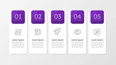 Business project presentation purple rectangle infographic 5 steps Stockillustratie