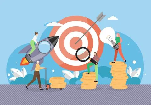 Business project startup rocket launch, flat vector illustration. Targeting Stock Illustration