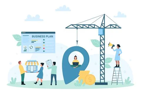 Business projects and development, tiny people build success strategy, work with Illustrazione stock