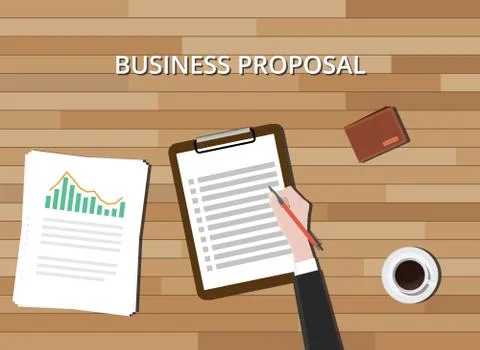 Business proposal document with clipboard graph and wood background Stock Illustration