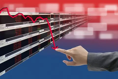 Business regression hand push on decrease graph of Stock market Copyright:... Stock Photos
