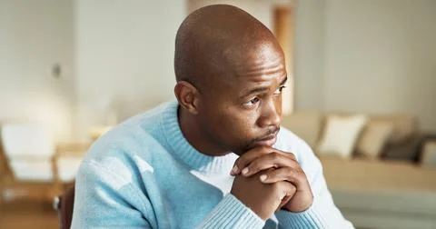 Business, remote work and thinking with black man in home for inspiration, .. Stock Photos