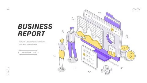Business Report And Data Analysis Isometric Vector Illustration Banner Temp.. Illustrazione stock