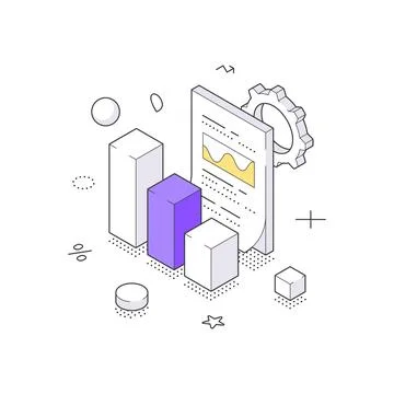 Business Report And Data Processing With Bar Chart Analytics Isometric Vect.. 스톡 일러스트