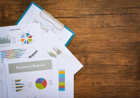 Business report chart preparing graphs ummary report in Statistics circle Pie Stock Photos