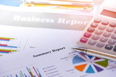 Business report chart preparing graphs calculator concept Foto stock