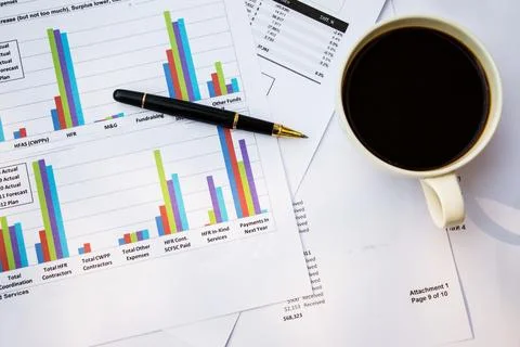 Business report. Cup of coffee on document. Stock Photos