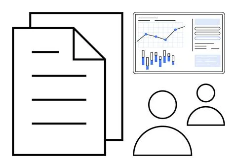 Business Report Documents with Graph Presentation and Team Members Symbol Stock Illustration