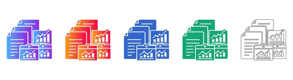 Business Reporting Graph Icon Set in Gradient and Outline Stock Illustration