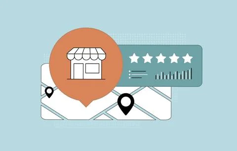 Business reputation analytics with local map pin, rating stars and performance Stock Illustration