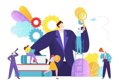 Business research innovation, teamwork tiny character together market analysis Ilustração Stock