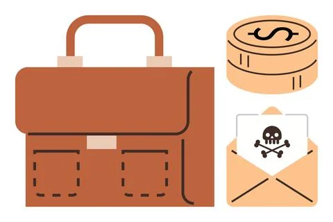 Business Risks Highlighted with Briefcase, Dollar Coin, and Warning Email in Stock Illustration