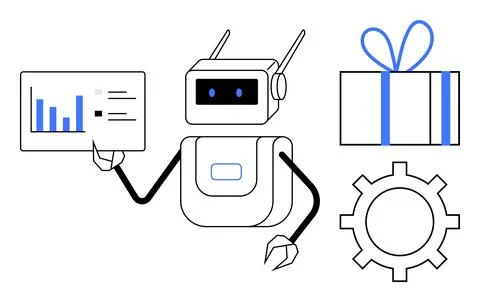 Business Robot Analyzing Data while Presenting, Next to Gift Box and Gear Stock Illustration