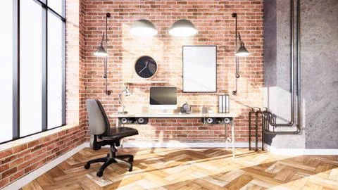 Business room  Empty Loft style with white brick and concrete wall design lof Stock Illustration
