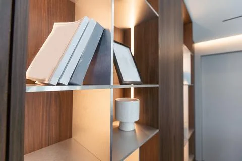 Business room interior with pc computer on desk, shelf with business documents Stock Illustration