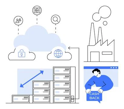 Business scenario featuring cloud data storage with security, scalable server Illustrazione stock