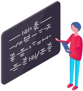 Business school professor teaching explaining and writing formula on chalkboard Stockillustratie