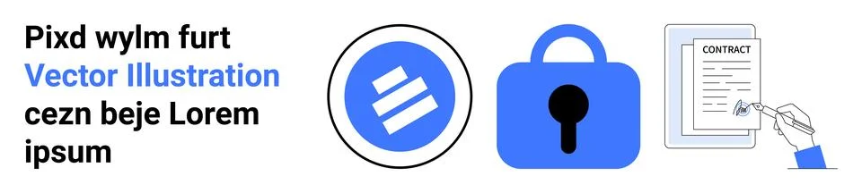 Business Security Elements with Lock and Document Signing Graphic Stock Illustration