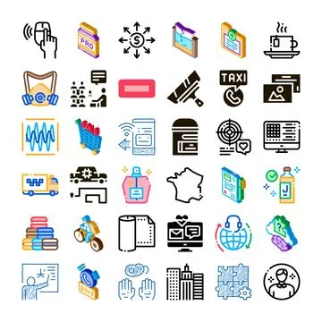 Business services technology and various activity icons collection Stock Illustration
