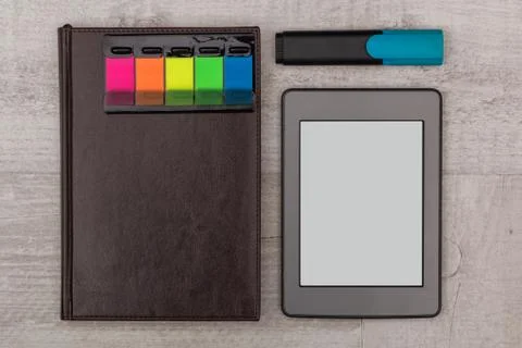 Business set: diary, e-book and marker Stock Photos