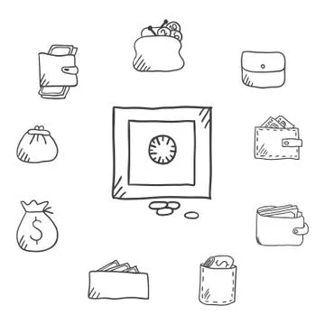 Business set with various purses, wallets and safe Stock Illustration