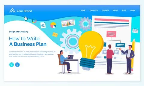 Business site template. How to write businessplan. Big light bulb, teamwork, big Stock Illustration