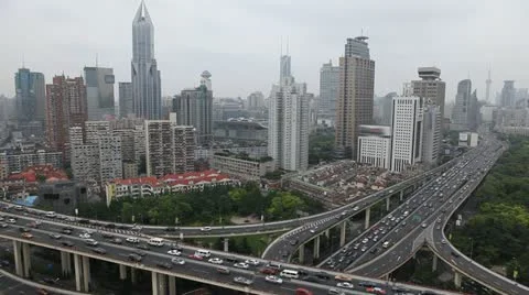 Business Skyscrapers Cars Passing Traffic Jam Intersection High Speed Drive Cars Stock Footage