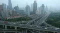 Business Skyscrapers Shanghai Cityscape Aerial View Rush Hour Highway Daylight HD Footage