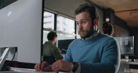 Business, sleepy and man with computer, tired and copywriting with burnout, low Stock Footage 316112745