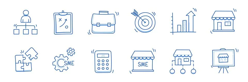 Business sme doodle icon set. Small, medium enterprise business hand drawn Stock Illustration
